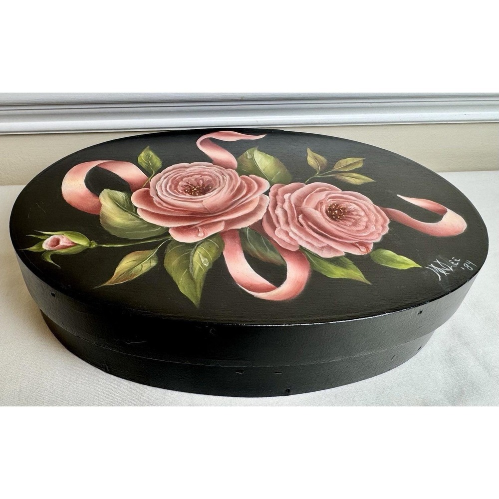 Vintage 1984 Signed JK Lee Hand Painted Floral Rose Black Wooden Oval Shaker Box